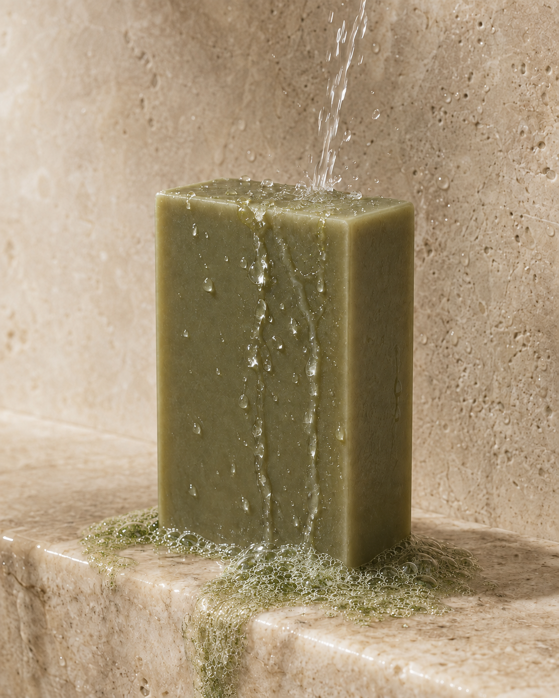Bamboo Mud — bar rinsing under running water on a stone shower ledge