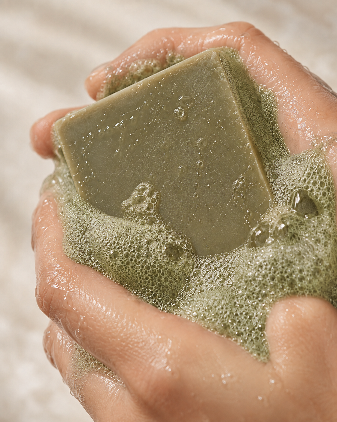 Bamboo Mud — bar worked into a full lather in cupped hands