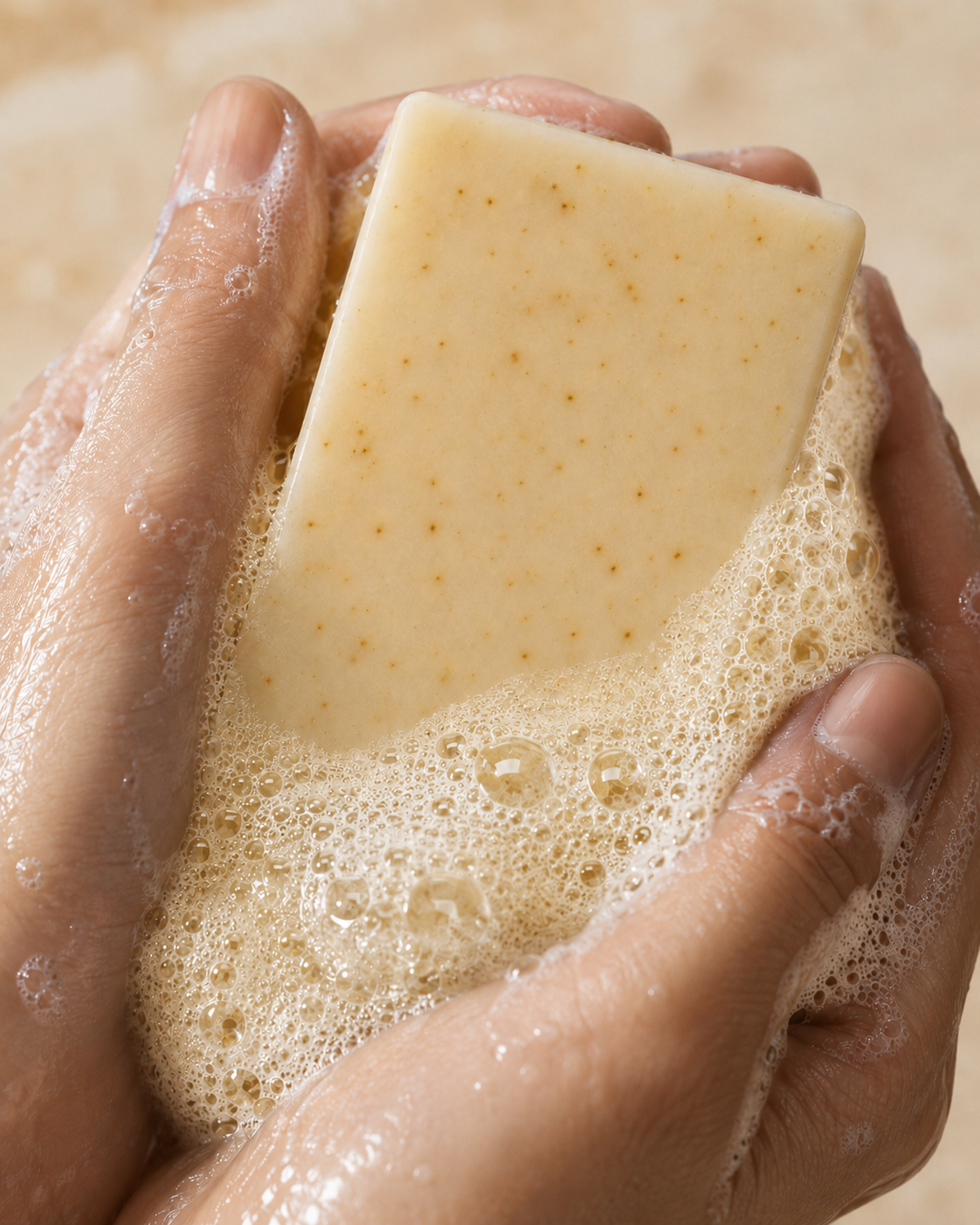 Grapefruit Tea Tree — bar worked into a full lather in cupped hands