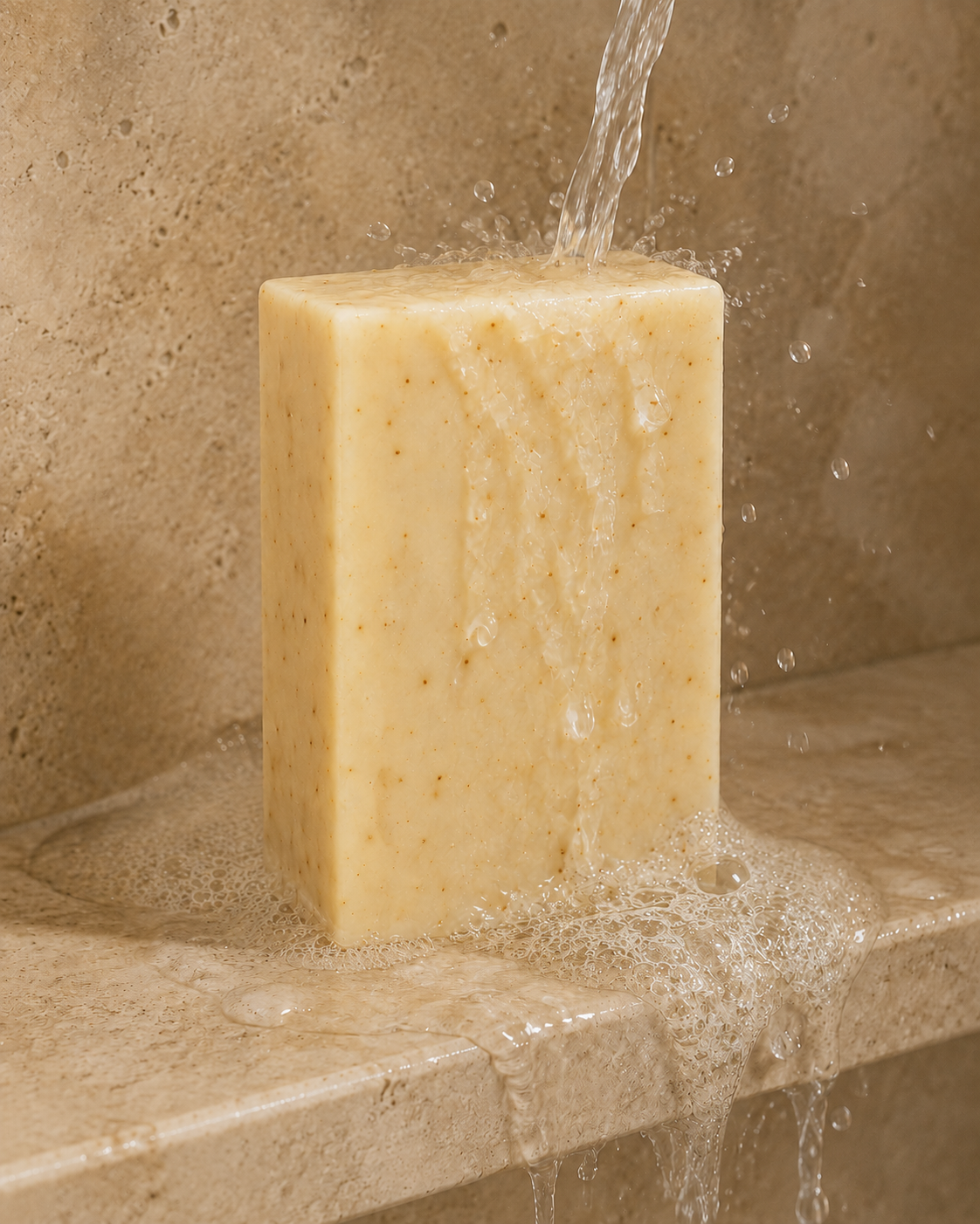 Grapefruit Tea Tree — bar rinsing under running water on a stone shower ledge