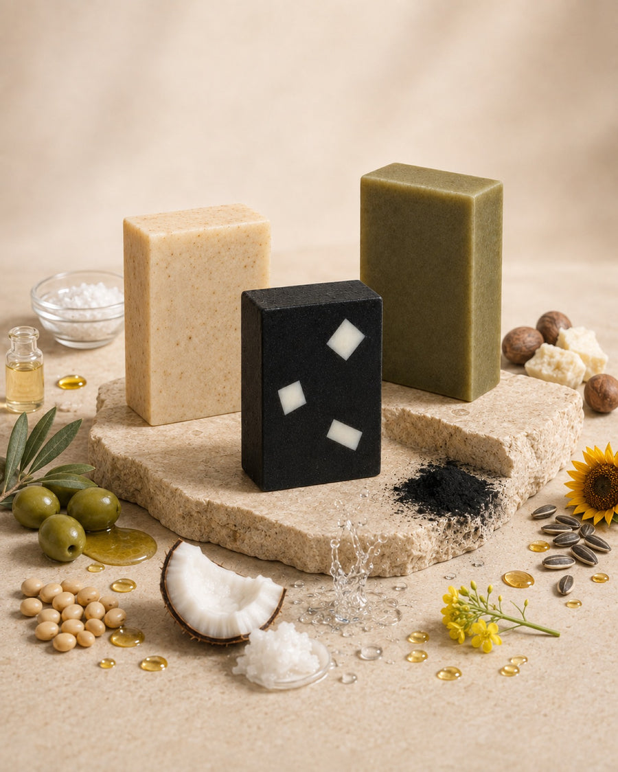 All three Backline formulas on stone, surrounded by olives, soybeans, coconut, shea butter, sea salt, sunflower seeds, canola flowers and activated charcoal